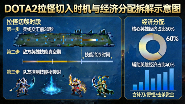 DOTA2拉怪切入时机与经济分配拆解示意图